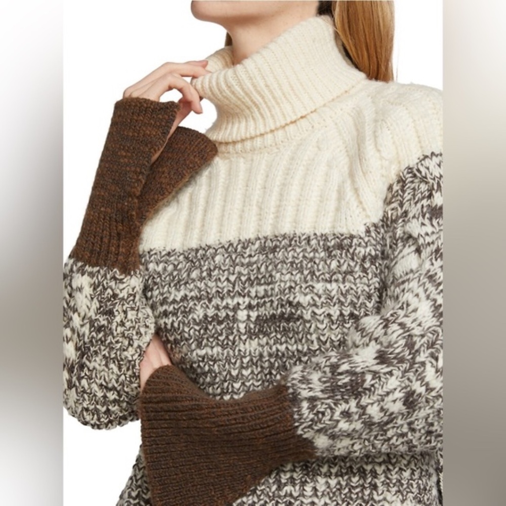 PHILLIP LIM Chunky Striped Turtleneck Wool Sweater Grey Beige in Size L